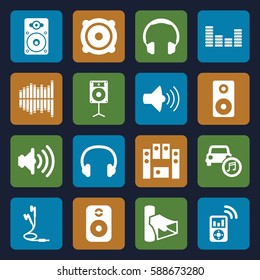 stereo icons set. Set of 16 stereo filled icons such as volume, speaker, loud speaker set, equalizer, loudspeaker, car music, earphones, headset, mp3 player