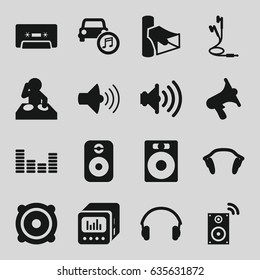Stereo icons set. set of 16 stereo filled icons such as volume, speaker, cassette, equalizer, car music, earphones, loud speaker with equalizer, music loudspeaker