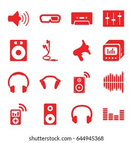 Stereo icons set. set of 16 stereo filled icons such as volume, cassette, equalizer, sliders, earphones, loud speaker with equalizer, loudspeaker, headset, mp3 player