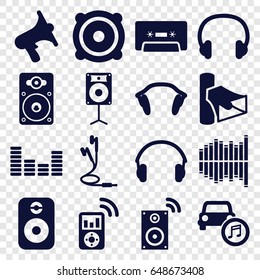 Stereo Icons Set. Set Of 16 Stereo Filled Icons Such As Volume, Speaker, Cassette, Equalizer, Loudspeaker, Car Music, Earphones, Headset, Mp3 Player