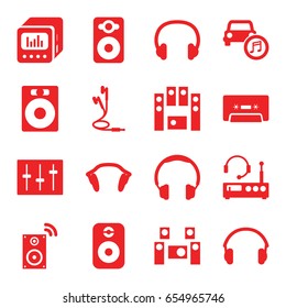Stereo icons set. set of 16 stereo filled icons such as speaker, loud speaker set, cassette, sliders, car music, earphones, loud speaker with equalizer, headset, audio system
