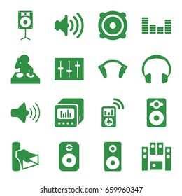 Stereo icons set. set of 16 stereo filled icons such as volume, speaker, loud speaker set, equalizer, sliders, earphones, loud speaker with equalizer, loudspeaker, mp3 player