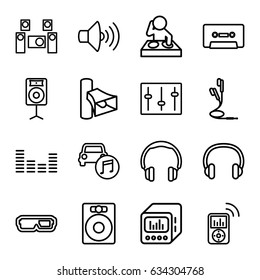 Stereo icons set. set of 16 stereo outline icons such as volume, cassette, equalizer, sliders, car music, earphones, loud speaker with equalizer, loudspeaker, headset