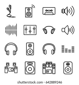 Stereo icons set. set of 16 stereo outline icons such as volume, loud speaker set, cassette, equalizer, sliders, earphones, loudspeaker, headset, speaker, audio system