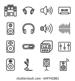 Stereo icons set. set of 16 stereo outline icons such as volume, loud speaker set, cassette, sliders, loudspeaker, equalizer, earphones, loud speaker with equalizer, headset