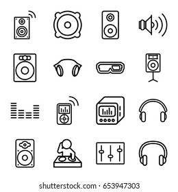 Stereo icons set. set of 16 stereo outline icons such as speaker, equalizer, sliders, loudspeaker, earphones, loud speaker with equalizer, volume, headset, mp3 player