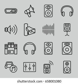 Stereo icons set. set of 16 stereo outline icons such as volume, speaker, loud speaker set, sliders, loudspeaker, car music, equalizer, headset, mp3 player, headphones