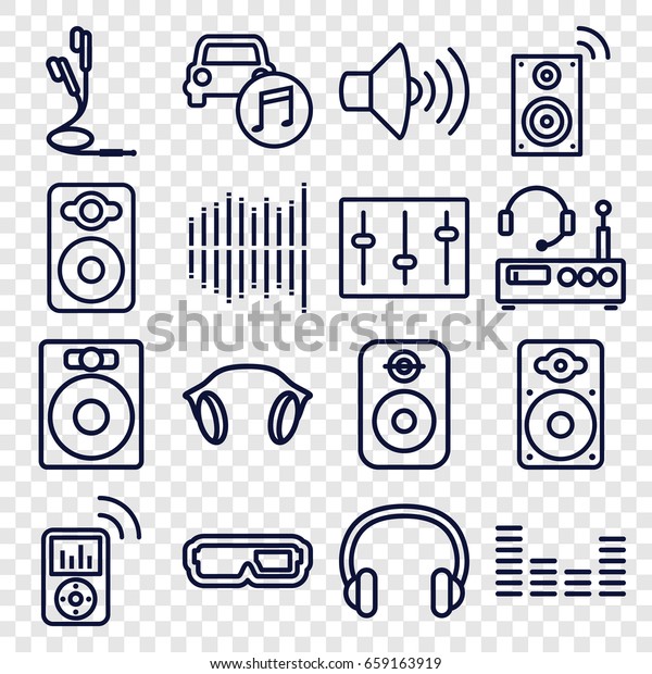 Stereo icons set. set of 16\
stereo outline icons such as volume, speaker, equalizer, sliders,\
loudspeaker, car music, earphones, headset, mp3 player, music\
loudspeaker