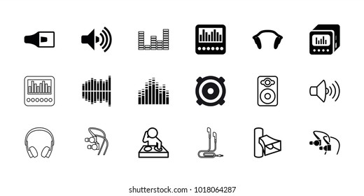 Stereo icons. set of 18 editable filled and outline stereo icons: equalizer, earphones, loud speaker with equalizer, dj, volume