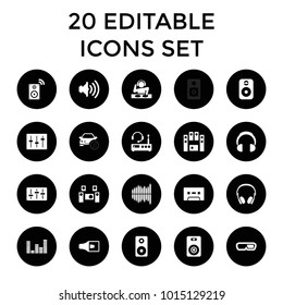 Stereo icons. set of 20 editable filled stereo icons such as 3d glasses, loud speaker set, sliders, equalizer, loudspeaker. best quality stereo elements in trendy style.
