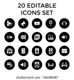 Stereo icons. set of 20 editable filled stereo icons such as speaker, 3d glasses, volume, loud speaker set, cassette, equalizer, sliders, loudspeaker, car music, earphones