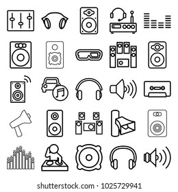 Stereo icons. set of 25 editable outline stereo icons such as speaker, 3d glasses, dj, volume, loud speaker set, cassette, equalizer, sliders, loudspeaker, car music