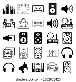 Stereo icons. set of 25 editable filled and outline stereo icons such as headphones, volume, loudspeaker, earphones, listening device, speaker, cassette