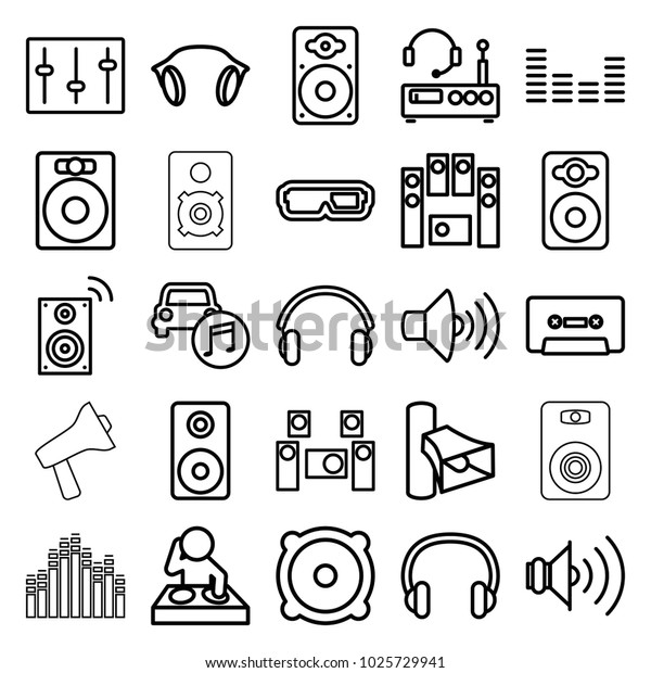 Stereo icons. set of 25\
editable outline stereo icons such as speaker, 3d glasses, dj,\
volume, loud speaker set, cassette, equalizer, sliders,\
loudspeaker, car music