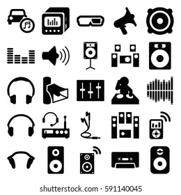 Stereo Icons Set. Set Of 25 Stereo Filled Icons Such As Volume, Speaker, Loud Speaker Set, Cassette, Equalizer, Sliders, Car Music, 