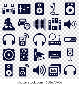 Stereo icons set. set of 25 stereo filled icons such as volume, speaker, loud speaker set, cassette, sliders, loudspeaker, car music, equalizer, earphones