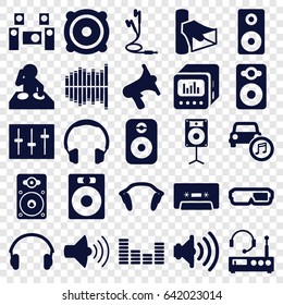 Stereo icons set. set of 25 stereo filled icons such as volume, speaker, cassette, equalizer, sliders, loudspeaker, car music, earphones, loud speaker with equalizer