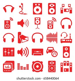 Stereo icons set. set of 25 stereo filled icons such as volume, speaker, loud speaker set, cassette, equalizer, sliders, loudspeaker, car music, earphones