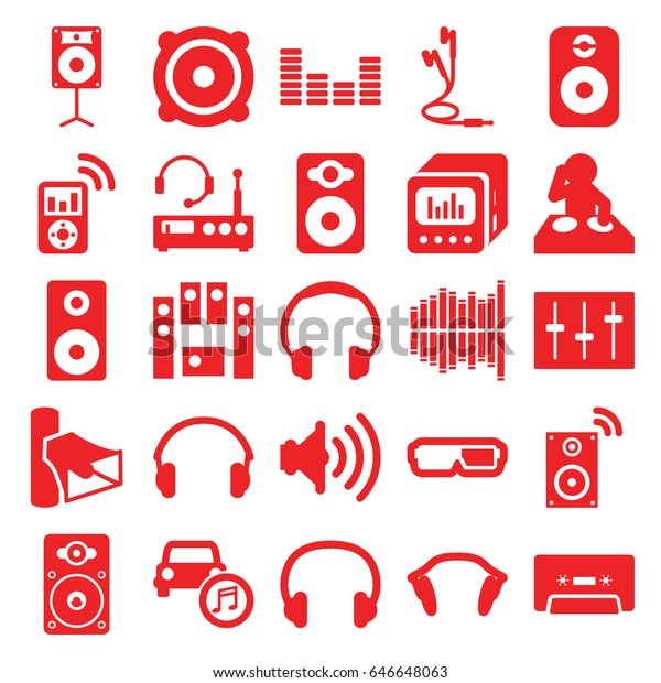 Stereo icons set. set of 25 stereo\
filled icons such as volume, speaker, loud speaker set, cassette,\
equalizer, sliders, loudspeaker, car music,\
earphones