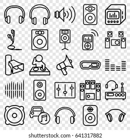 Stereo icons set. set of 25 stereo outline icons such as volume, speaker, loud speaker set, equalizer, sliders, car music, earphones, loud speaker with equalizer, loudspeaker