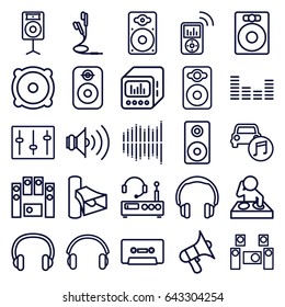 Stereo Icons Set. Set Of 25 Stereo Outline Icons Such As Volume, Speaker, Loud Speaker Set, Cassette, Equalizer, Sliders, Loudspeaker, Car Music, Earphones