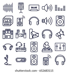 Stereo icons set. set of 25 stereo outline icons such as volume, speaker, loud speaker set, cassette, equalizer, sliders, loudspeaker, earphones, loud speaker with equalizer