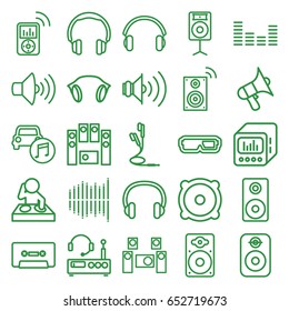 Stereo icons set. set of 25 stereo outline icons such as volume, speaker, loud speaker set, cassette, equalizer, loudspeaker, car music, earphones, loud speaker with equalizer