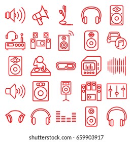 Stereo icons set. set of 25 stereo outline icons such as volume, speaker, loud speaker set, equalizer, sliders, loudspeaker, car music, earphones, loud speaker with equalizer