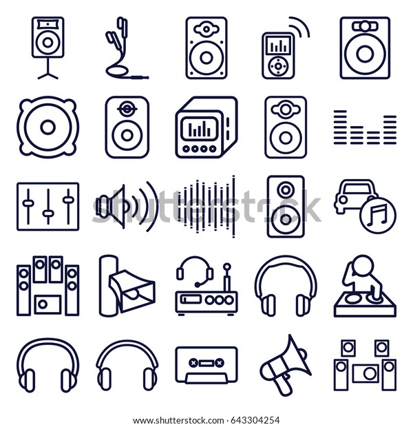 Stereo icons set. set of 25 stereo\
outline icons such as volume, speaker, loud speaker set, cassette,\
equalizer, sliders, loudspeaker, car music,\
earphones