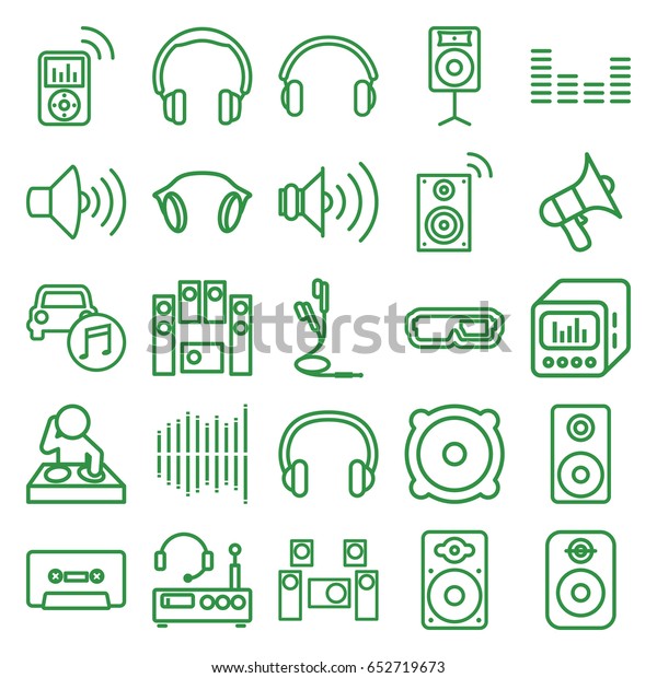 Stereo icons set.\
set of 25 stereo outline icons such as volume, speaker, loud\
speaker set, cassette, equalizer, loudspeaker, car music,\
earphones, loud speaker with\
equalizer