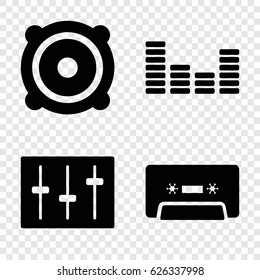 Stereo icons set. set of 4 stereo filled icons such as speaker, cassette, equalizer