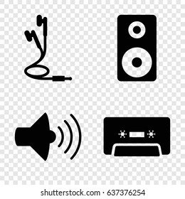 Stereo icons set. set of 4 stereo filled icons such as volume, cassette, earphones