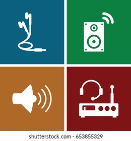 Stereo icons set. set of 4 stereo filled icons such as volume, earphones, music loudspeaker