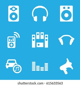 Stereo icons set. set of 9 stereo filled icons such as volume, speaker, loud speaker set, equalizer, car music, earphones, mp3 player