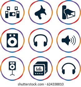 Stereo icons set. set of 9 stereo filled icons such as volume, earphones, loud speaker with equalizer, loudspeaker, headset, audio system