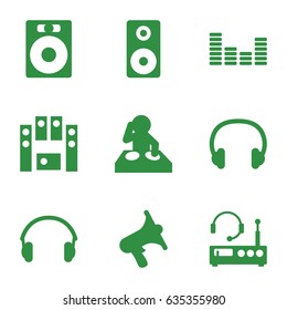 Stereo icons set. set of 9 stereo filled icons such as volume, loud speaker set, equalizer, earphones, loudspeaker, headset, listening device, speaker