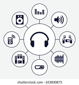 Stereo icons set. set of 9 stereo filled icons such as loud speaker set, equalizer, earphones, volume, audio system, mp3 player, speaker
