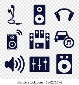 Stereo icons set. set of 9 stereo filled icons such as loud speaker set, sliders, car music, earphones, loudspeaker, volume, music loudspeaker
