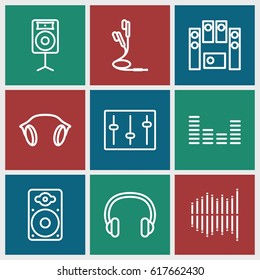 Stereo icons set. set of 9 stereo outline icons such as loud speaker set, equalizer, sliders, loudspeaker, earphones