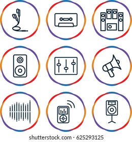 Stereo icons set. set of 9 stereo outline icons such as volume, loud speaker set, cassette, sliders, equalizer, earphones, loudspeaker