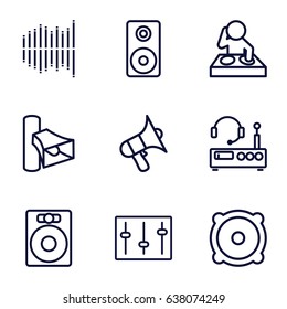 Stereo icons set. set of 9 stereo outline icons such as volume, speaker, sliders, equalizer, loudspeaker, listening device