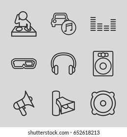 Stereo icons set. set of 9 stereo outline icons such as volume, speaker, equalizer, car music, headset, 3d glasses