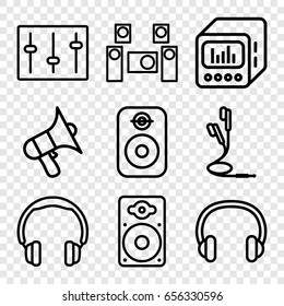 Stereo icons set. set of 9 stereo outline icons such as volume, sliders, loudspeaker, earphones, loud speaker with equalizer, headset, speaker, audio system
