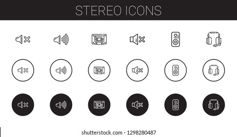 stereo icons set. Collection of stereo with mute, speaker, cassette, headphones. Editable and scalable stereo icons.