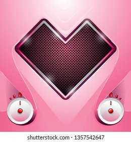 Stereo with loud speaker in a shape of heart.There are two knobs of the regulation of tuning.Background has soft fluent lines.There is an effect of rubber.Background has pink colour.