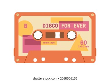 Stereo music cassette with records of 80s disco. Magnetic audio tape. Analogue mixtape. Oldschool compact sound casette of eighties. Flat vector illustration of audiotape isolated on white background
