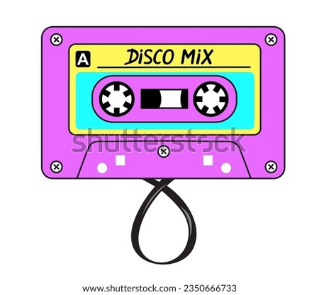 Stereo music cassette with records of disco mix. Cassette tape with retro label as vintage object for 80s, 90s tape design. Oldschool compact sound casette. Vector sign or icon