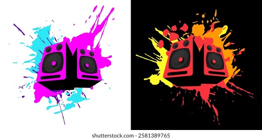 Stereo music speakers with bass generator on splashed bright acrylic paint background. Advertising noisy party, banner for disco decoration, print on clothes. Colorful vector on white and black back