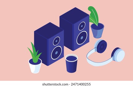 Altavoces de música estéreo - Pareja y juego de altavoces de estantería con auriculares y taza de café. Escuchando música y concepto de audio en Ilustración vectorial de diseño plano isométrico con fondo beige