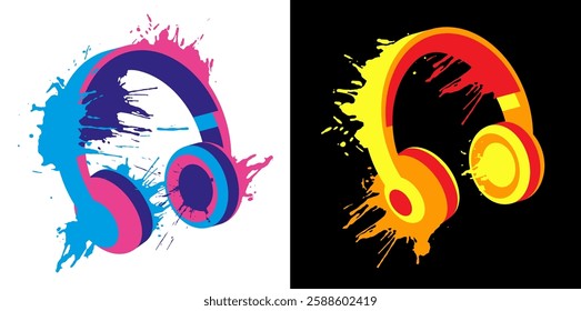 Stereo music wireless over ear headphones on splashed bright acrylic paint background. Noisy party, banner for disco decoration, print on clothes. Colorful vector on white and black back